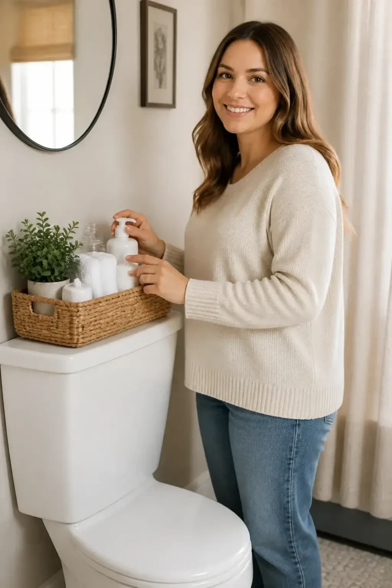 PG-rated, family-safe, modest editorial stock photograph. Any visible person is fully dressed in normal everyday clothing before anything else: shirt or top on, shoulders covered, chest covered, torso covered, waist covered, legs modestly covered, relaxed natural pose. A cozy, well-lit bathroom scene showing a back-of-toilet basket styled with essential items in a tidy, neutral-toned bathroom; natural morning light, clean surfaces, subtle greenery, no text, no words, no letters, no watermark, no logo. full subject clearly in frame, natural composition, realistic scale. wholesome family-friendly safe-for-work image. If any human appears, use tasteful modest everyday clothing with upper body, shoulders, chest, torso, waist and legs covered, natural simple relatable styling, calm neutral mood, appropriate for a general audience. high quality photorealistic image, sharp focus, natural true-to-life colors, coherent realistic anatomy, exactly two arms per visible person, exactly two hands per visible person, five fingers on each visible hand, one unique natural face per visible person, balanced facial symmetry, one clear main subject, uncluttered background, only props that directly match the article topic and section
