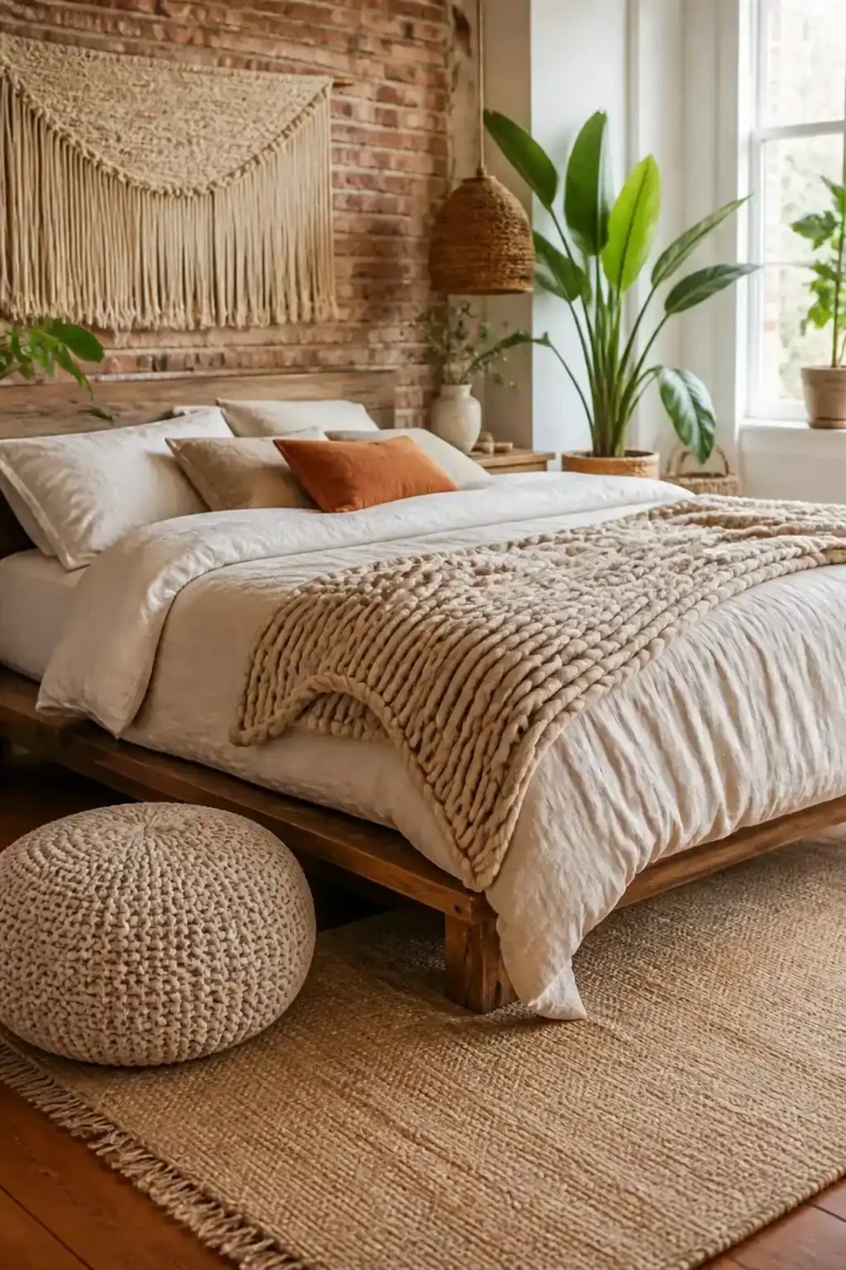 PG-rated, family-safe photorealistic editorial image, object-only or scene-only composition, no human subject introduced, no drawn human figure introduced Create one realistic image for Boho Bedroom Decor with Linen Bedding, Handmade Throw & Cozy Knit Pouf; slot 1 visualizes Hero cover for: Boho Bedroom Decor with Linen Bedding, Handmade Throw & Cozy Knit Pouf. Ignore any unrelated niche, random portrait, bald person or filler scene. Show the exact room, object, setup, organizing action or decor detail from the section as a fully realistic photograph. Absolutely no people at all in the frame &mdash; no full person, no silhouette, no outline figure, no sketch of a person, no wireframe body, no line-drawing human, no mannequin, no statue, no doll. Only real furniture, baskets, shelves, plants and decor items. A bright, airy master bedroom in a boho-loft style, featuring linen bedding, a handmade chunky-knit throw at the foot of the bed, and a cozy knit pouf beside a low wooden frame bed; natural daylight from a window, woven textures, soft earthy tones, no text, no words, no letters, no watermark, no logo Visual context: Boho Bedroom Decor with Linen Bedding, Handmade Throw & Cozy Knit Pouf Distinct composition for this slot: corner scene with layered lighting, cozy warm mood. Photorealistic natural light unless this is a coloring page. No text, no words, no letters, no watermark, no logo, no sketched or outlined human figures. full subject clearly in frame, natural composition, realistic scale. high quality photorealistic image, sharp focus, natural true-to-life colors, realistic materials and proportions, one clear main subject, uncluttered background, only props that directly match the article topic and section