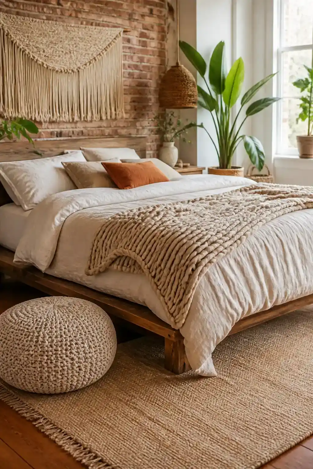 PG-rated, family-safe photorealistic editorial image, object-only or scene-only composition, no human subject introduced, no drawn human figure introduced Create one realistic image for Boho Bedroom Decor with Linen Bedding, Handmade Throw & Cozy Knit Pouf; slot 1 visualizes Hero cover for: Boho Bedroom Decor with Linen Bedding, Handmade Throw & Cozy Knit Pouf. Ignore any unrelated niche, random portrait, bald person or filler scene. Show the exact room, object, setup, organizing action or decor detail from the section as a fully realistic photograph. Absolutely no people at all in the frame — no full person, no silhouette, no outline figure, no sketch of a person, no wireframe body, no line-drawing human, no mannequin, no statue, no doll. Only real furniture, baskets, shelves, plants and decor items. A bright, airy master bedroom in a boho-loft style, featuring linen bedding, a handmade chunky-knit throw at the foot of the bed, and a cozy knit pouf beside a low wooden frame bed; natural daylight from a window, woven textures, soft earthy tones, no text, no words, no letters, no watermark, no logo Visual context: Boho Bedroom Decor with Linen Bedding, Handmade Throw & Cozy Knit Pouf Distinct composition for this slot: corner scene with layered lighting, cozy warm mood. Photorealistic natural light unless this is a coloring page. No text, no words, no letters, no watermark, no logo, no sketched or outlined human figures. full subject clearly in frame, natural composition, realistic scale. high quality photorealistic image, sharp focus, natural true-to-life colors, realistic materials and proportions, one clear main subject, uncluttered background, only props that directly match the article topic and section