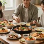 PG-rated, family-safe, modest editorial stock photograph. Any visible person is fully dressed in normal everyday clothing before anything else: shirt or top on, shoulders covered, chest covered, torso covered, waist covered, legs modestly covered, relaxed natural pose. Hero image: a warm, inviting family living room scene with a ready-to-serve movie night dinner spread on the coffee table, snacks, bowls of pasta, a main dish in a skillet, soft natural light from a window, candid feel, real people enjoying together, no text, no words, no letters, no watermark, no logo. full subject clearly in frame, natural composition, realistic scale. wholesome family-friendly safe-for-work image. If any human appears, use tasteful modest everyday clothing with upper body, shoulders, chest, torso, waist and legs covered, natural simple relatable styling, calm neutral mood, appropriate for a general audience. high quality photorealistic image, sharp focus, natural true-to-life colors, coherent realistic anatomy, exactly two arms per visible person, exactly two hands per visible person, five fingers on each visible hand, one unique natural face per visible person, balanced facial symmetry, one clear main subject, uncluttered background, only props that directly match the article topic and section