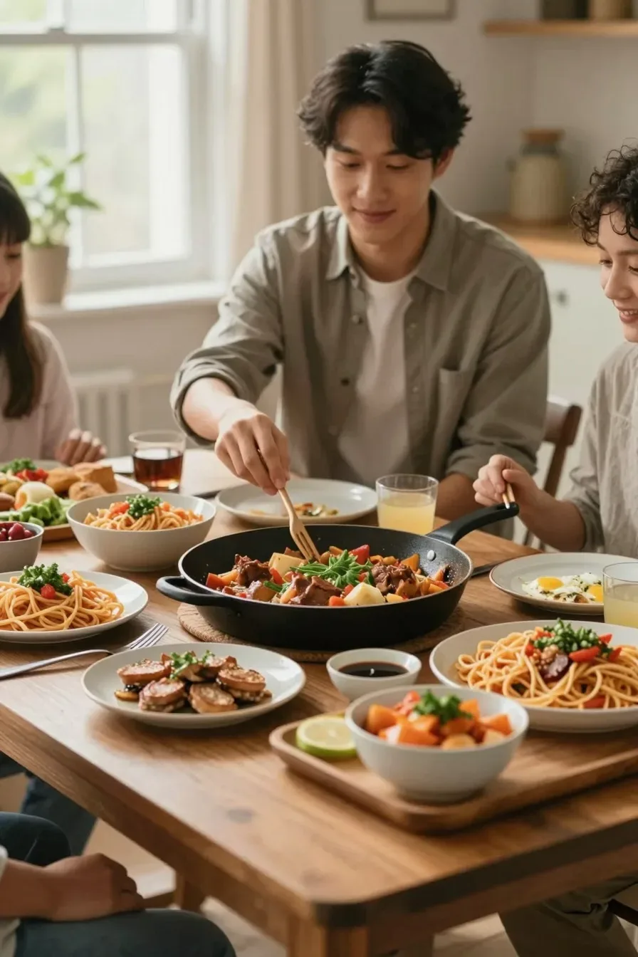 PG-rated, family-safe, modest editorial stock photograph. Any visible person is fully dressed in normal everyday clothing before anything else: shirt or top on, shoulders covered, chest covered, torso covered, waist covered, legs modestly covered, relaxed natural pose. Hero image: a warm, inviting family living room scene with a ready-to-serve movie night dinner spread on the coffee table, snacks, bowls of pasta, a main dish in a skillet, soft natural light from a window, candid feel, real people enjoying together, no text, no words, no letters, no watermark, no logo. full subject clearly in frame, natural composition, realistic scale. wholesome family-friendly safe-for-work image. If any human appears, use tasteful modest everyday clothing with upper body, shoulders, chest, torso, waist and legs covered, natural simple relatable styling, calm neutral mood, appropriate for a general audience. high quality photorealistic image, sharp focus, natural true-to-life colors, coherent realistic anatomy, exactly two arms per visible person, exactly two hands per visible person, five fingers on each visible hand, one unique natural face per visible person, balanced facial symmetry, one clear main subject, uncluttered background, only props that directly match the article topic and section