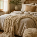 PG-rated, family-safe photorealistic editorial image, object-only or scene-only composition, no human subject introduced, no drawn human figure introduced Create one realistic image for Boho Bedroom Decor with Linen Bedding, Handmade Throw & Cozy Knit Pouf 🌿🤍; slot 1 visualizes Hero cover for: Boho Bedroom Decor with Linen Bedding, Handmade Throw & Cozy Knit Pouf 🌿🤍. Ignore any unrelated niche, random portrait, bald person or filler scene. Show the exact room, object, setup, organizing action or decor detail from the section as a fully realistic photograph. Absolutely no people at all in the frame &mdash; no full person, no silhouette, no outline figure, no sketch of a person, no wireframe body, no line-drawing human, no mannequin, no statue, no doll. Only real furniture, baskets, shelves, plants and decor items. Realistic interior photograph of Hero cover for: Boho Bedroom Decor with Linen Bedding, Handmade Throw & Cozy Knit Pouf 🌿🤍 for Boho Bedroom Decor with Linen Bedding, Handmade Throw & Cozy Knit Pouf 🌿🤍, real bathroom or room scene with actual baskets, shelves and decor objects only, empty room, object-only composition, people-free. Visual context: Boho Bedroom Decor with Linen Bedding, Handmade Throw & Cozy Knit Pouf 🌿🤍 Distinct composition for this slot: styled shelf or wall vignette, soft daylight, balanced neutral palette. Photorealistic natural light unless this is a coloring page. No text, no words, no letters, no watermark, no logo, no sketched or outlined human figures. full subject clearly in frame, natural composition, realistic scale. high quality photorealistic image, sharp focus, natural true-to-life colors, realistic materials and proportions, one clear main subject, uncluttered background, only props that directly match the article topic and section