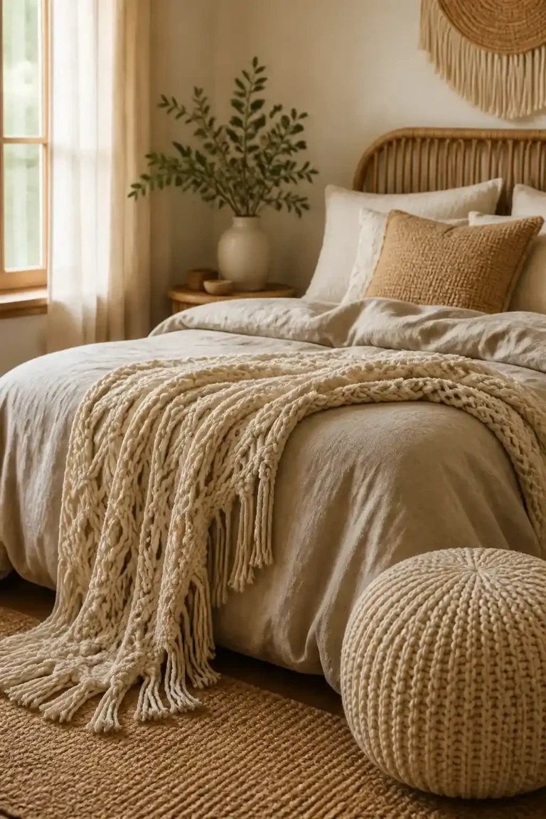 PG-rated, family-safe photorealistic editorial image, object-only or scene-only composition, no human subject introduced, no drawn human figure introduced Create one realistic image for Boho Bedroom Decor with Linen Bedding, Handmade Throw & Cozy Knit Pouf 🌿🤍; slot 1 visualizes Hero cover for: Boho Bedroom Decor with Linen Bedding, Handmade Throw & Cozy Knit Pouf 🌿🤍. Ignore any unrelated niche, random portrait, bald person or filler scene. Show the exact room, object, setup, organizing action or decor detail from the section as a fully realistic photograph. Absolutely no people at all in the frame — no full person, no silhouette, no outline figure, no sketch of a person, no wireframe body, no line-drawing human, no mannequin, no statue, no doll. Only real furniture, baskets, shelves, plants and decor items. Realistic interior photograph of Hero cover for: Boho Bedroom Decor with Linen Bedding, Handmade Throw & Cozy Knit Pouf 🌿🤍 for Boho Bedroom Decor with Linen Bedding, Handmade Throw & Cozy Knit Pouf 🌿🤍, real bathroom or room scene with actual baskets, shelves and decor objects only, empty room, object-only composition, people-free. Visual context: Boho Bedroom Decor with Linen Bedding, Handmade Throw & Cozy Knit Pouf 🌿🤍 Distinct composition for this slot: styled shelf or wall vignette, soft daylight, balanced neutral palette. Photorealistic natural light unless this is a coloring page. No text, no words, no letters, no watermark, no logo, no sketched or outlined human figures. full subject clearly in frame, natural composition, realistic scale. high quality photorealistic image, sharp focus, natural true-to-life colors, realistic materials and proportions, one clear main subject, uncluttered background, only props that directly match the article topic and section