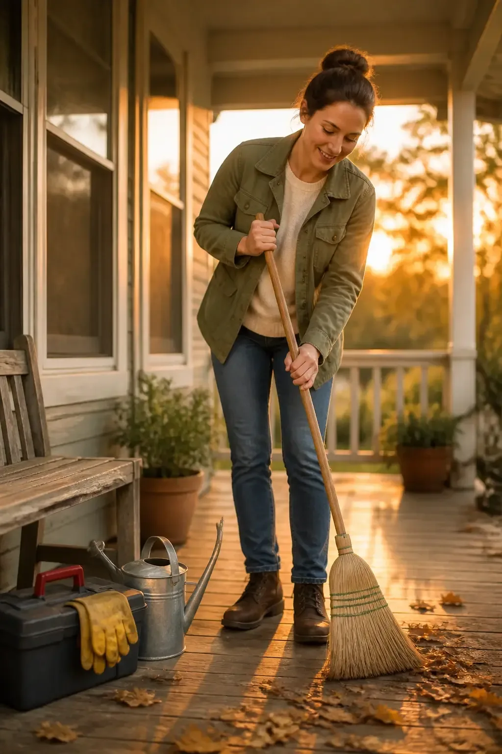Sunset-lit porch scene with a woman sweeping leaves and tidying tools, toolbox and gardening gloves nearby, warm golden-