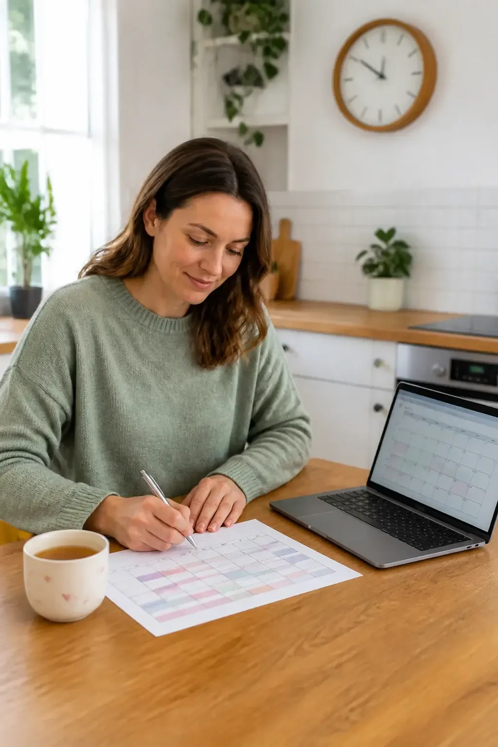 Three-quarter view of a woman seated at a kitchen table with a printed weekly schedule, clock on wall, cup of tea, and a