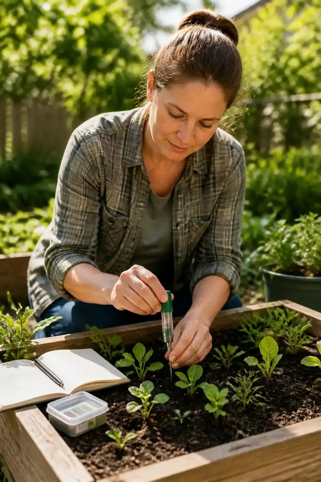 Outdoor small raised bed garden scene with a woman leaning over tending seedlings, soil testing kit and a notebook nearb