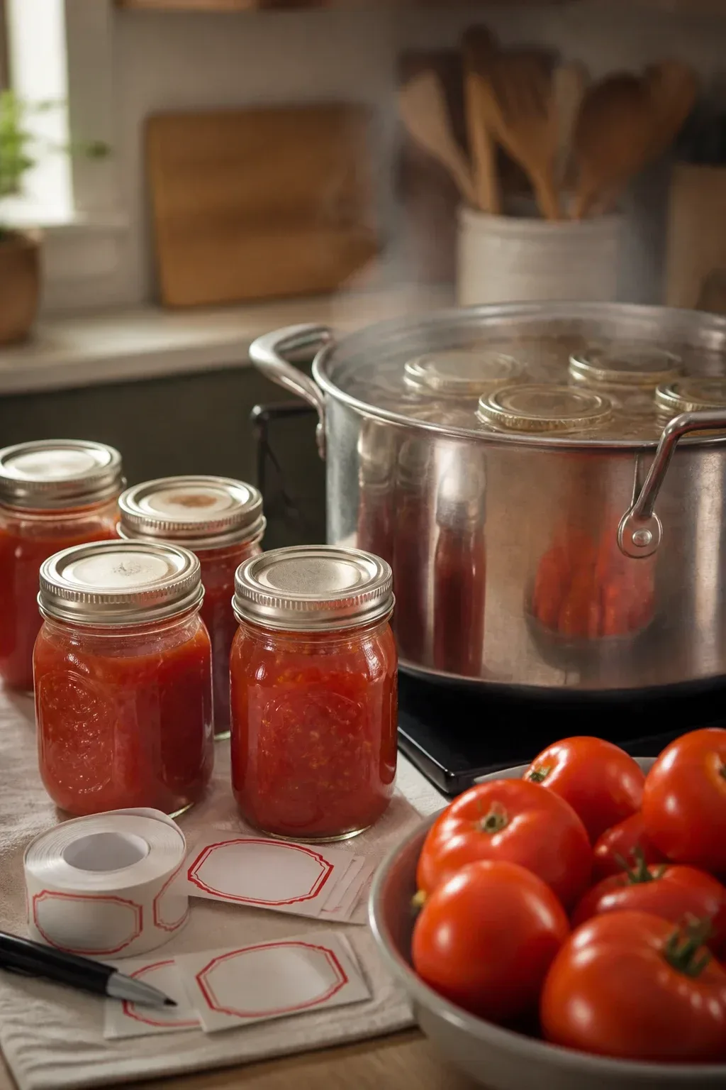 Close-up of a home canning setup on a kitchen counter: jars, labeling tape, a tomato sauce recipe, and a boiling water b
