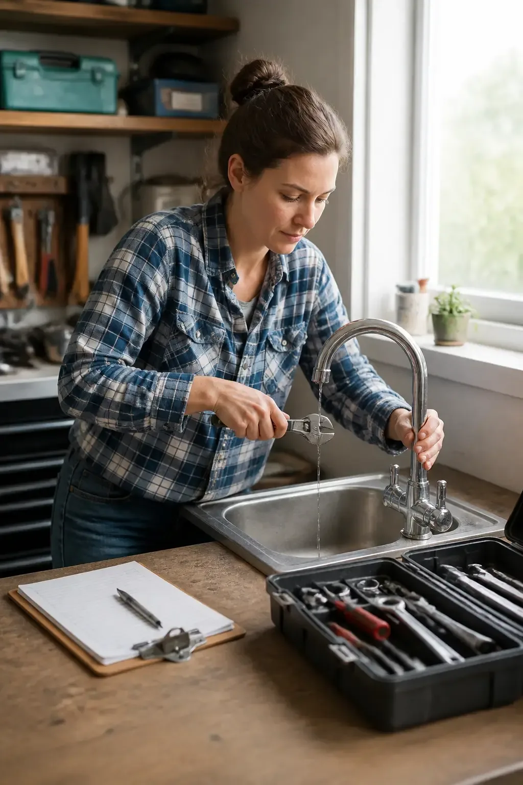 Woman in a workshop-like garage fixing a leaky faucet with a wrench, toolkit open on a workbench, scribbled notes on a c
