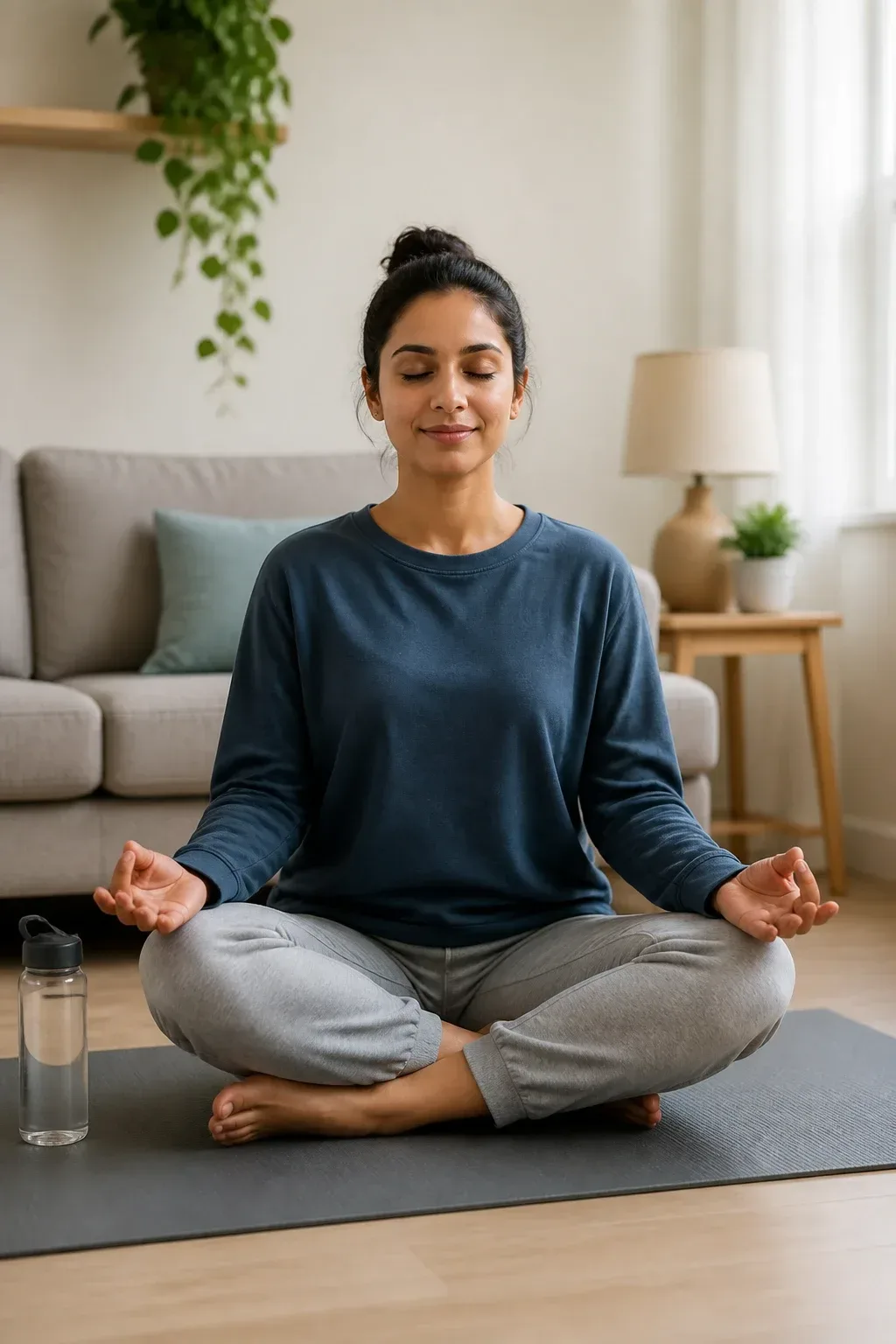Cozy indoor scene: a woman practicing a 10-minute mindfulness routine on a yoga mat in living room, soft natural light,
