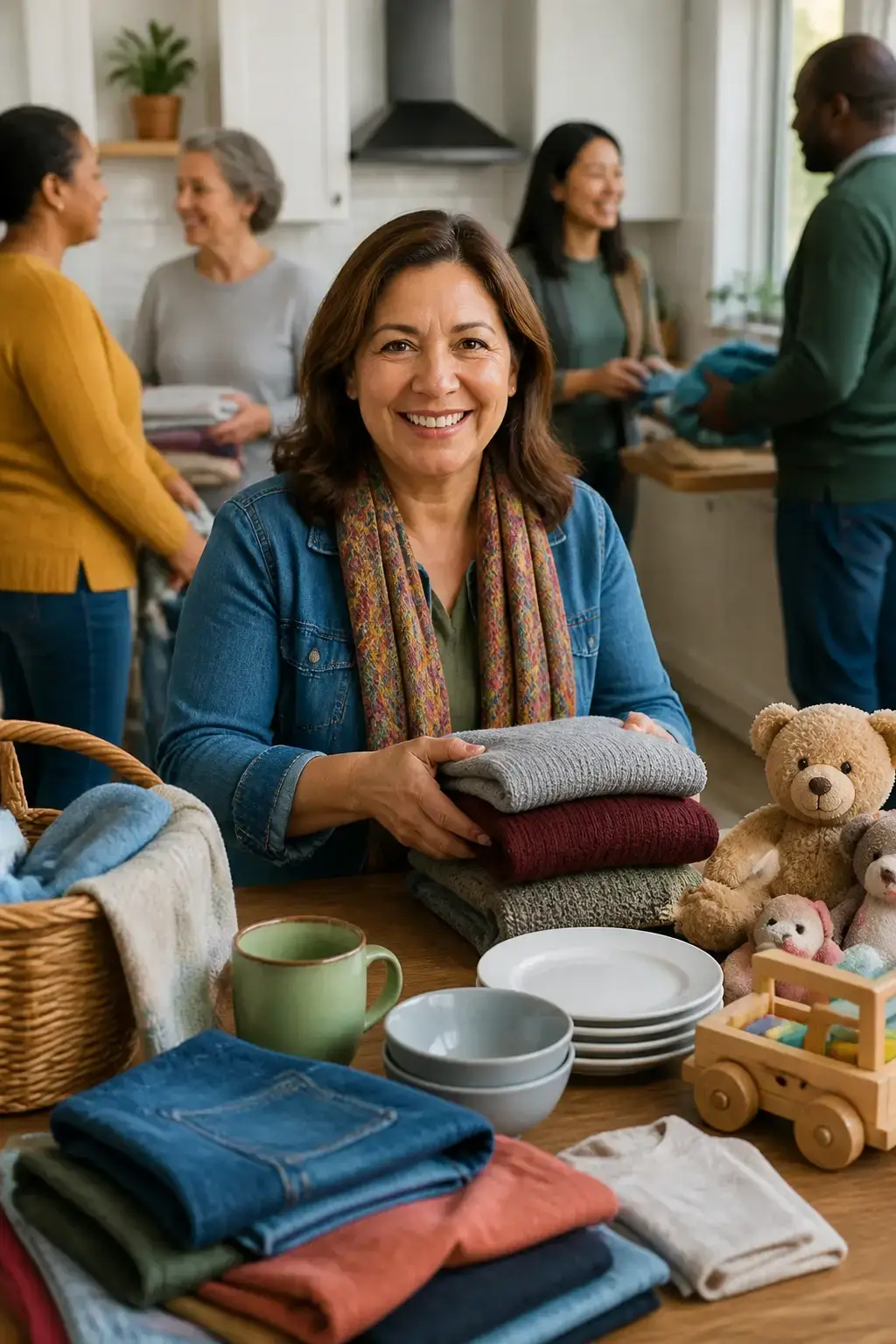 Community-focused moment: a woman leads a small neighborhood swap or planning meeting at a kitchen table, neighbors chat