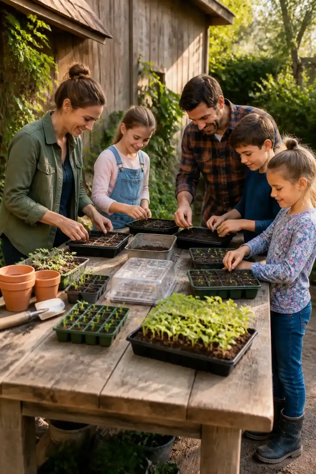 Wide outdoor shot of a family or group at a communal seed-starting event in a sunny backyard, colorful seed trays, chalk