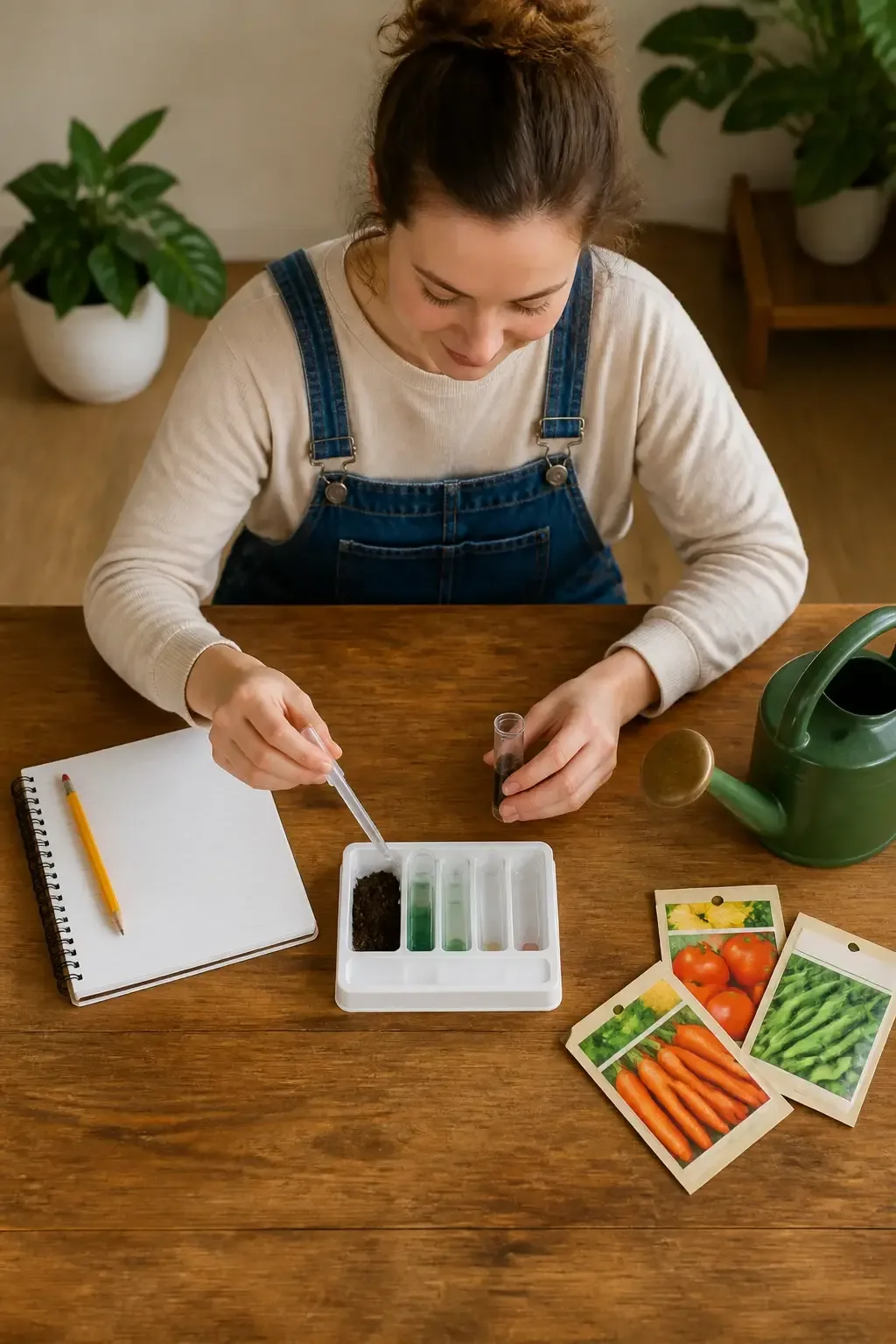 Vertical top-down view of a simple soil test kit and seed packets arranged on a wooden table with a notebook and pencil,