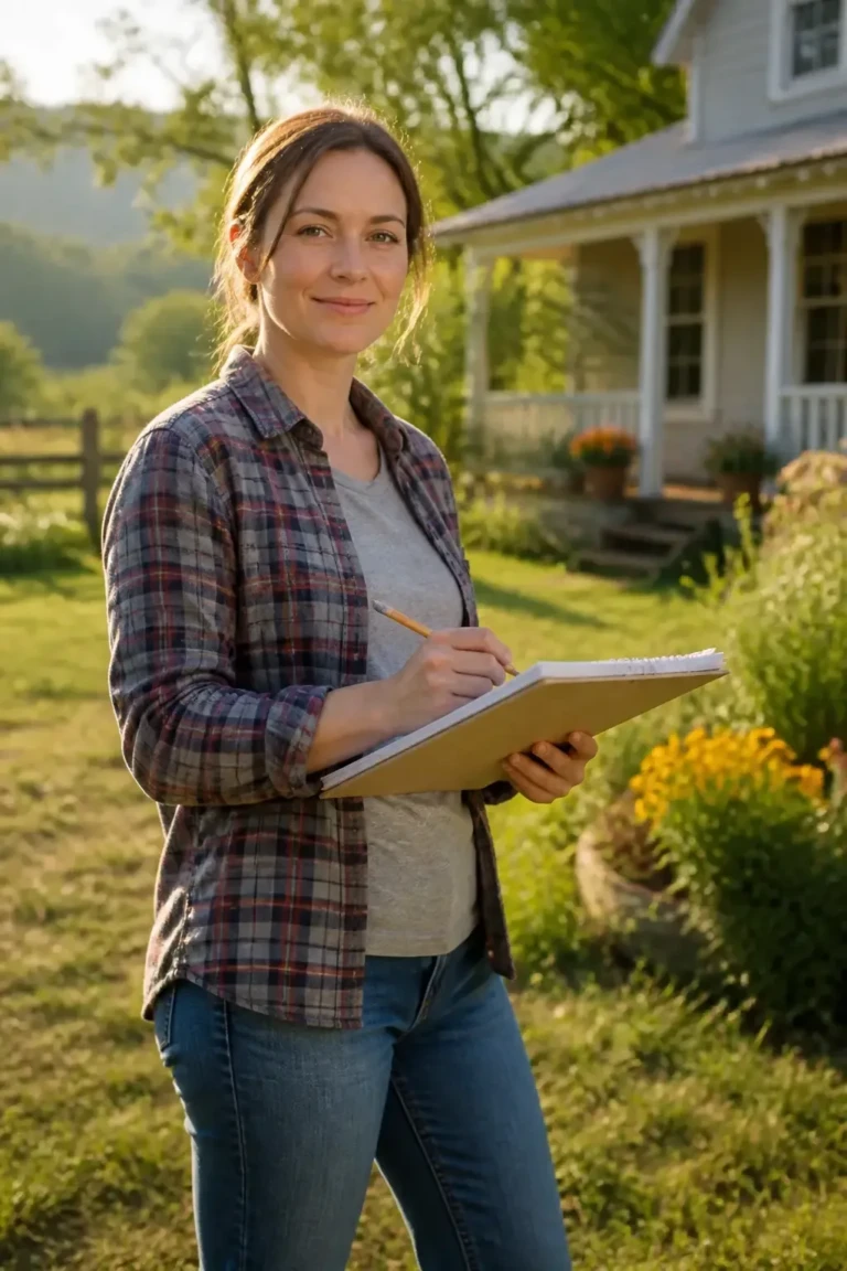 A candid, modern woman standing in a sunlit rural yard, looking confident as she maps a simple year-long plan on a clipboard with a notebook and pencil; cozy farmhouse backdrop, warm morning light, casual jeans and plaid shirt. Real-life photography, full face visible, no text, no watermark. wholesome family-friendly safe-for-work image. If any human appears, use tasteful modest everyday clothing with upper body, shoulders, chest, torso, waist and legs covered, natural simple relatable styling, calm neutral mood, appropriate for a general audience. high quality photorealistic image, sharp focus, natural true-to-life colors, coherent realistic anatomy, exactly two arms per visible person, exactly two hands per visible person, five fingers on each visible hand, one unique natural face per visible person, balanced facial symmetry, one clear main subject, uncluttered background, only props that directly match the article topic and section. no text, no words, no letters, no watermark, no logo