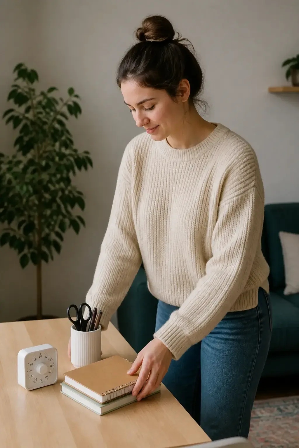 Three-quarter shot of a calm person organizing a small desk with a timer, uncluttered surface, a plant in the background