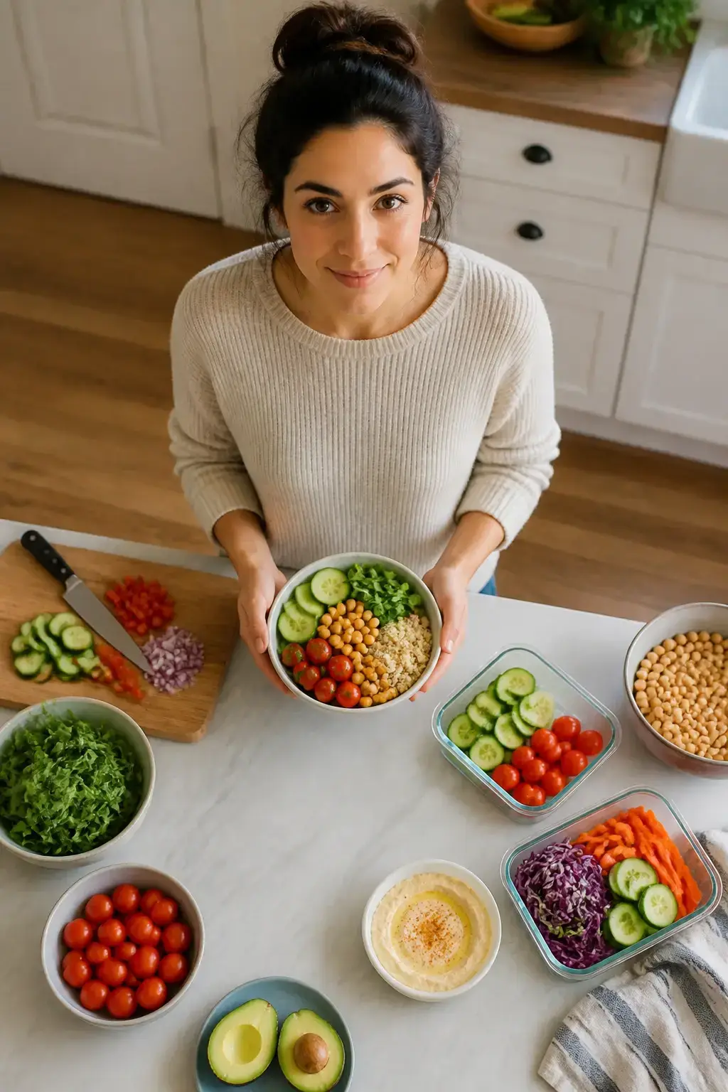 Flat lay of a light-balanced meal prep on a kitchen counter: colorful bowls, cutting board, fresh vegetables; shot from