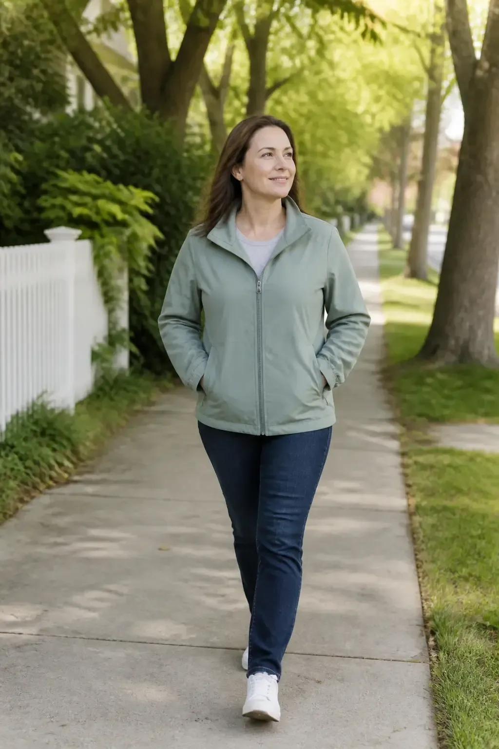 Outdoor candid of a person taking a peaceful 15-minute stroll in a quiet neighborhood, soft jacket, relaxed smile; natur