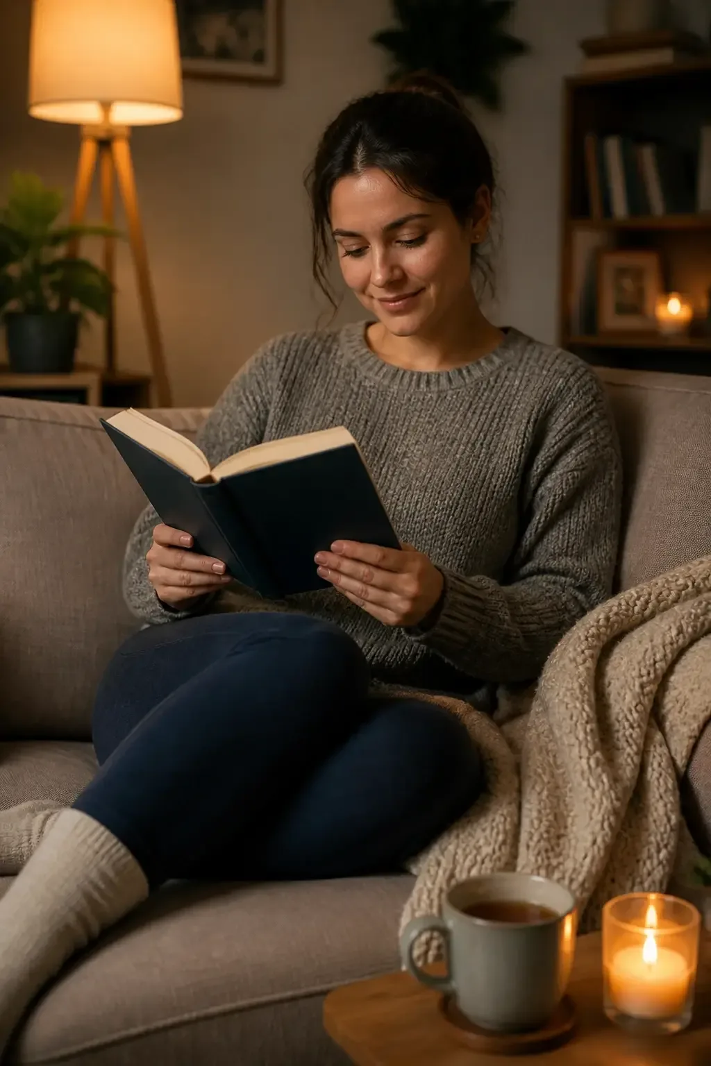 Indoor warm-toned scene: person reading a book on a comfy sofa with a cup of tea nearby, soft throw blanket, evening lam