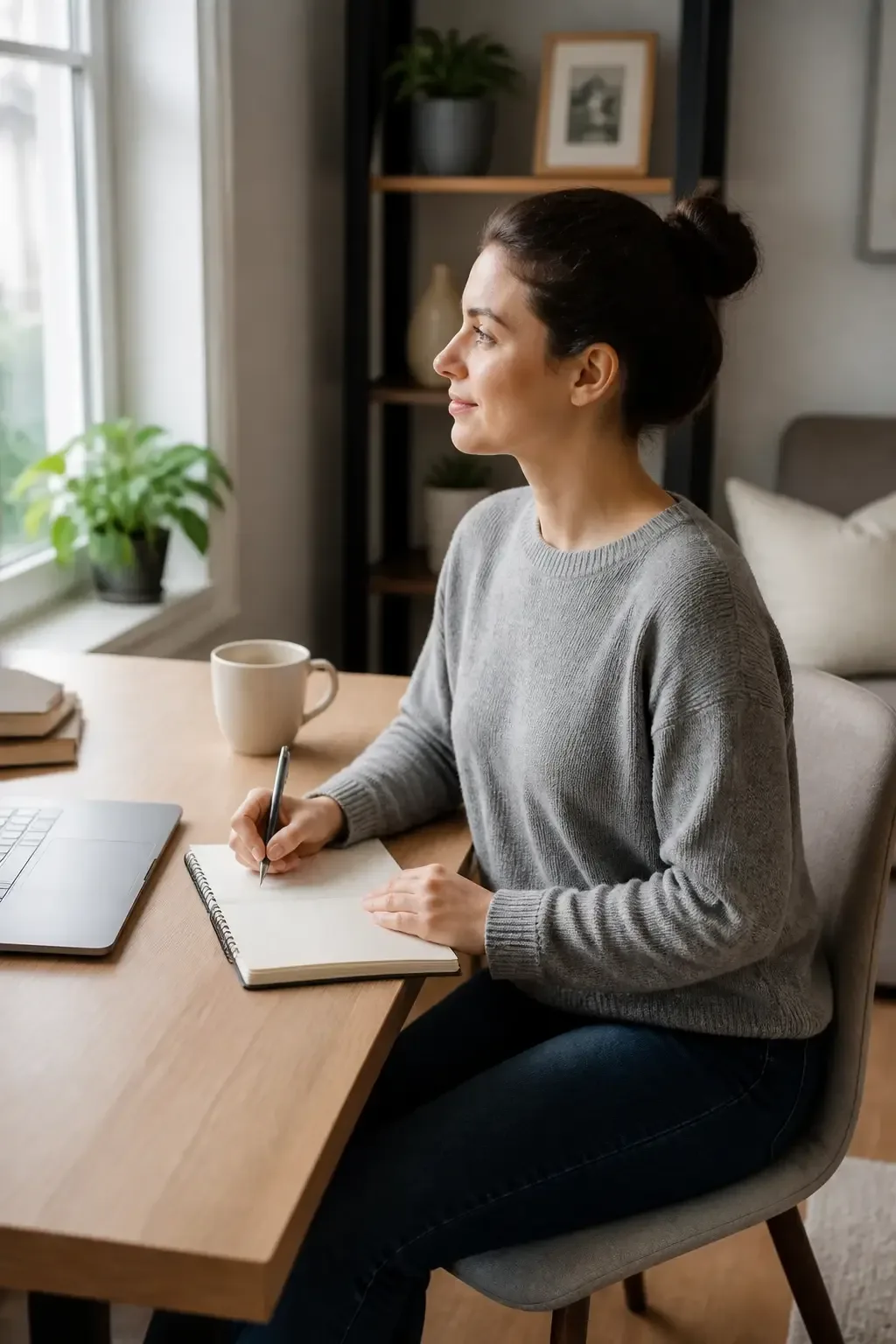 Side-profile shot of a person at a tidy desk planning priorities with a notebook and pen, minimal clutter, morning light