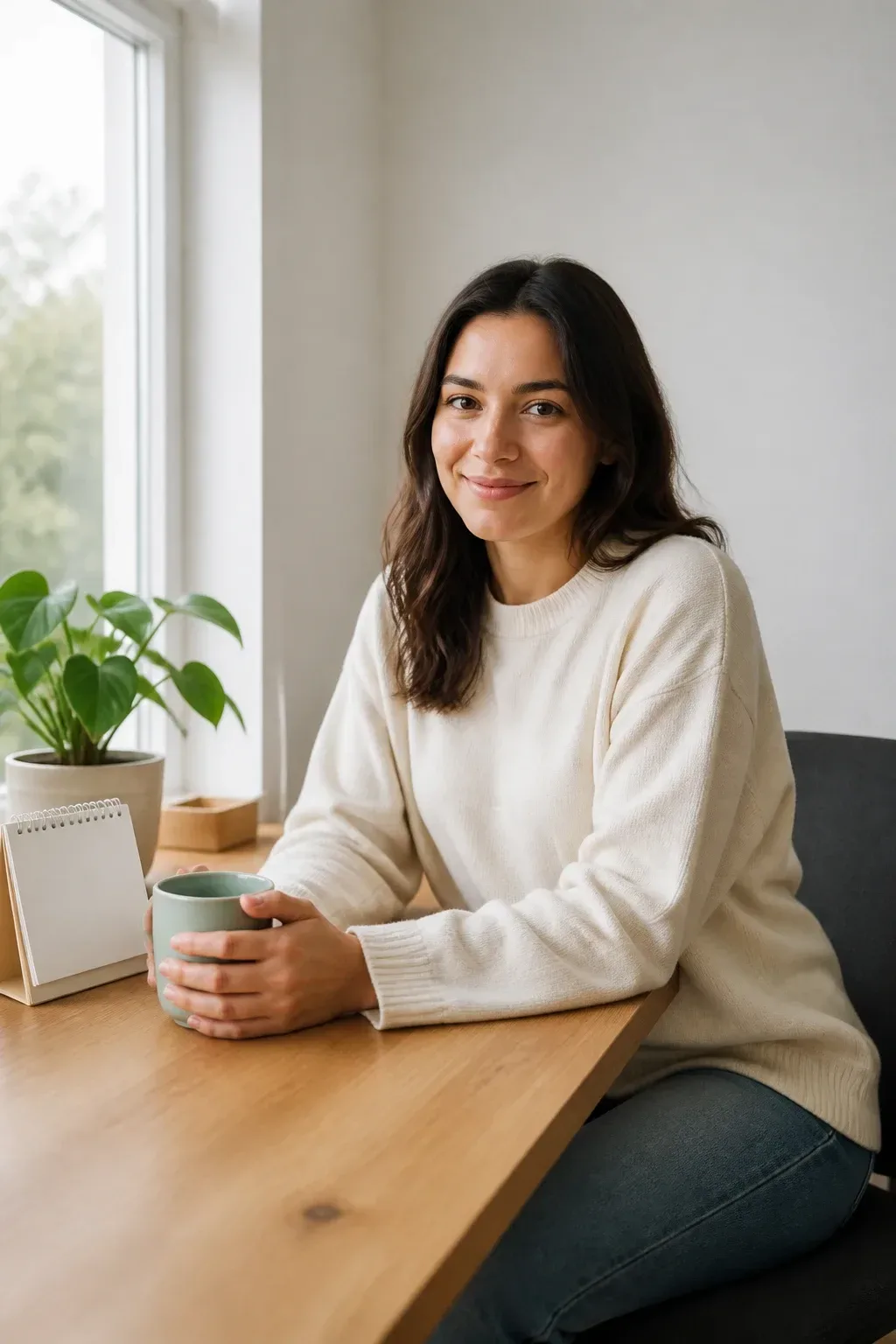 Desk-edge shot showing a minimal workspace: plant, mug, and a small calendar, light-filled corner, wide-angle view, rela