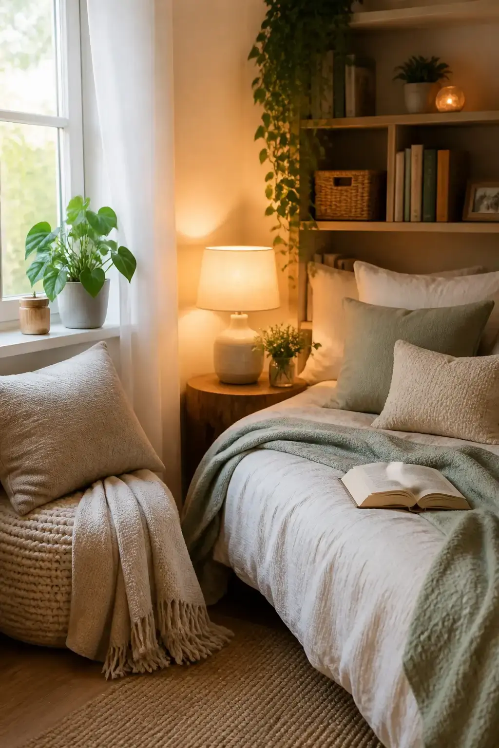 Cozy bedroom nook with a warm lamp, soft cushions, a plant, and a small bookshelf; wide environmental shot, morning ligh