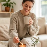 Striking hero image: a woman in a cozy living room lighting a candle and sipping tea, warm morning light, soft textures around, candid editorial vibe, natural colors, gentle smile; full-face visible, natural everyday outfit, no distractions; no text, no words, no letters, no watermark, no logo. wholesome family-friendly safe-for-work image. If any human appears, use tasteful modest everyday clothing with upper body, shoulders, chest, torso, waist and legs covered, natural simple relatable styling, calm neutral mood, appropriate for a general audience. high quality photorealistic image, sharp focus, natural true-to-life colors, coherent realistic anatomy, exactly two arms per visible person, exactly two hands per visible person, five fingers on each visible hand, one unique natural face per visible person, balanced facial symmetry, one clear main subject, uncluttered background, only props that directly match the article topic and section