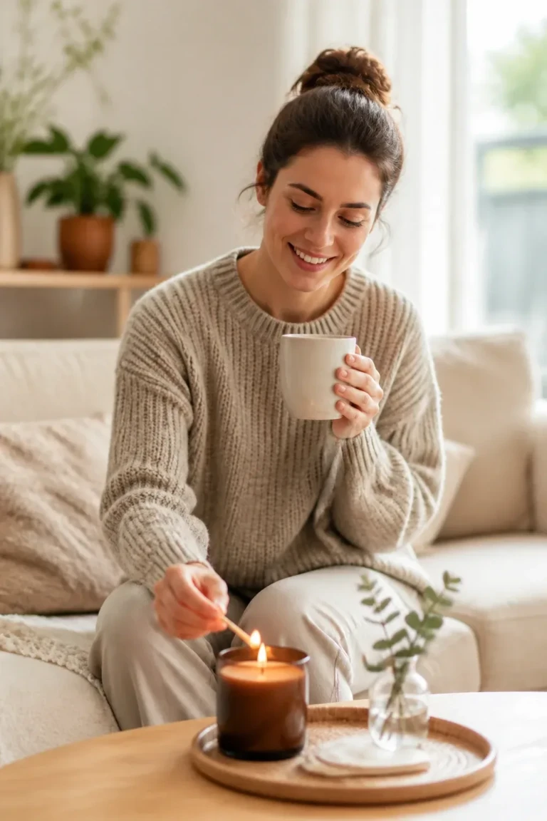 Striking hero image: a woman in a cozy living room lighting a candle and sipping tea, warm morning light, soft textures around, candid editorial vibe, natural colors, gentle smile; full-face visible, natural everyday outfit, no distractions; no text, no words, no letters, no watermark, no logo. wholesome family-friendly safe-for-work image. If any human appears, use tasteful modest everyday clothing with upper body, shoulders, chest, torso, waist and legs covered, natural simple relatable styling, calm neutral mood, appropriate for a general audience. high quality photorealistic image, sharp focus, natural true-to-life colors, coherent realistic anatomy, exactly two arms per visible person, exactly two hands per visible person, five fingers on each visible hand, one unique natural face per visible person, balanced facial symmetry, one clear main subject, uncluttered background, only props that directly match the article topic and section