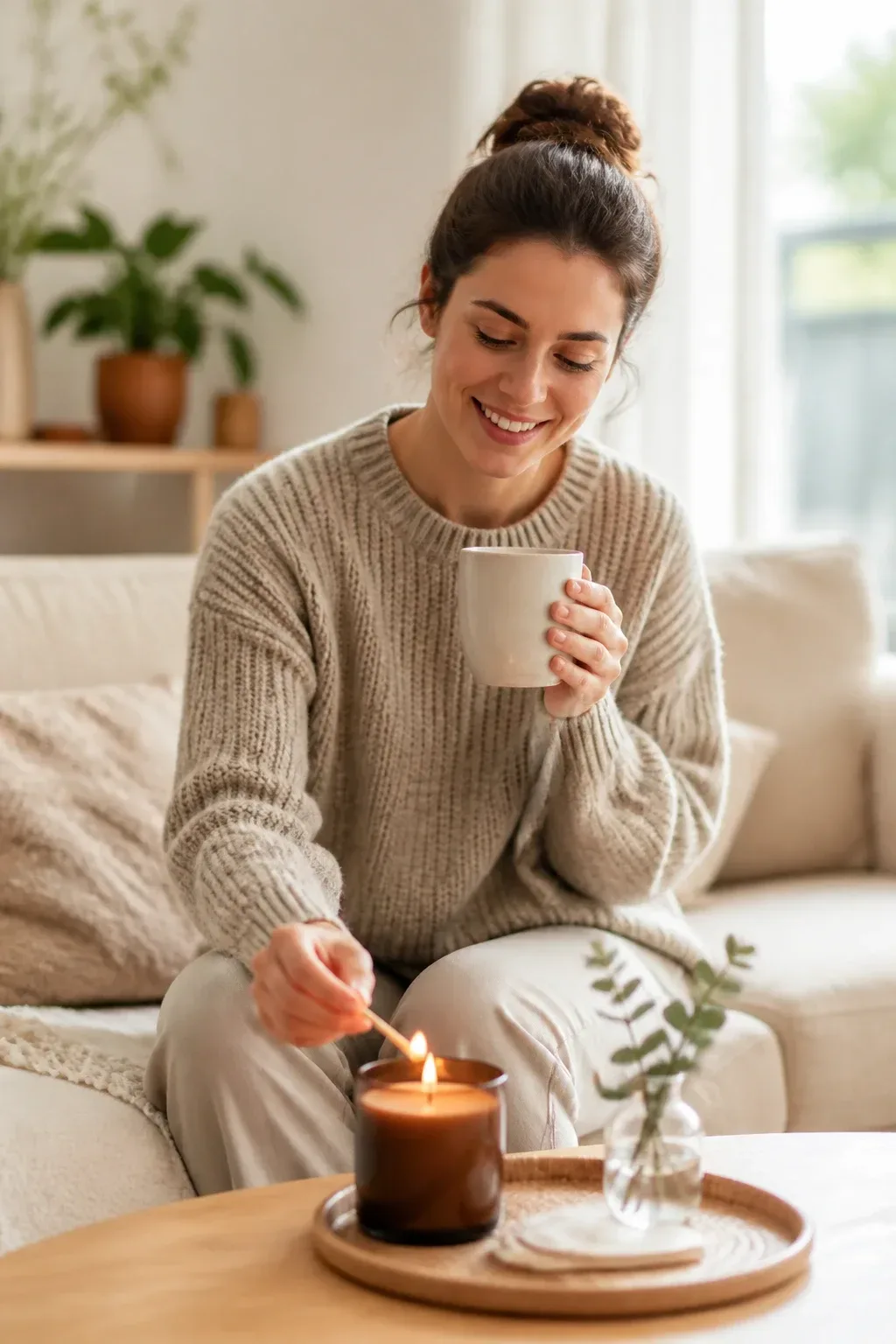 Striking hero image: a woman in a cozy living room lighting a candle and sipping tea, warm morning light, soft textures around, candid editorial vibe, natural colors, gentle smile; full-face visible, natural everyday outfit, no distractions; no text, no words, no letters, no watermark, no logo. wholesome family-friendly safe-for-work image. If any human appears, use tasteful modest everyday clothing with upper body, shoulders, chest, torso, waist and legs covered, natural simple relatable styling, calm neutral mood, appropriate for a general audience. high quality photorealistic image, sharp focus, natural true-to-life colors, coherent realistic anatomy, exactly two arms per visible person, exactly two hands per visible person, five fingers on each visible hand, one unique natural face per visible person, balanced facial symmetry, one clear main subject, uncluttered background, only props that directly match the article topic and section