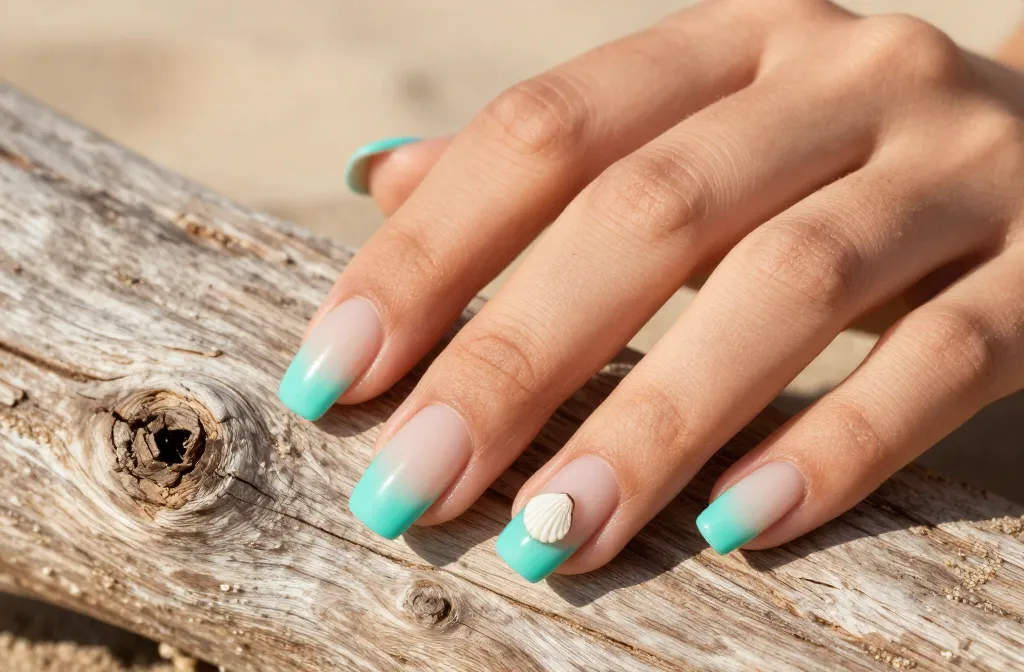 17 Coastal Nail Inspo Ideas with Turquoise French Tips and Delicate Seashell Details
